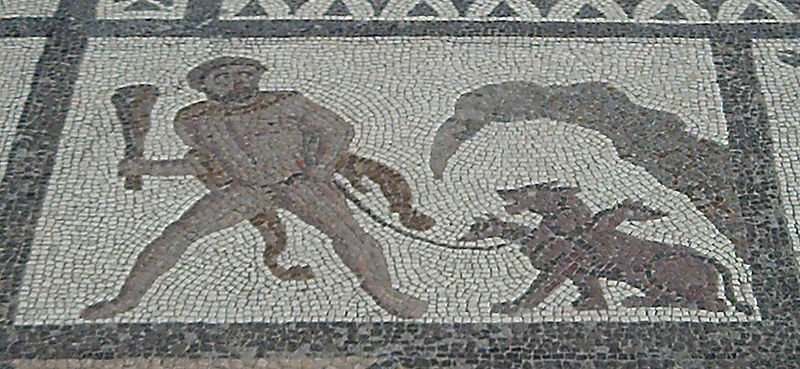 HÃ©rcules y Cerbero. MosÃ¡ico romano de los doce trabajos, de Liria (Valencia)