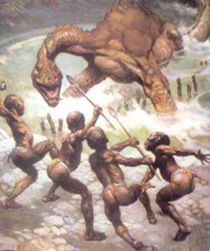 hombres matando dinosaurios
